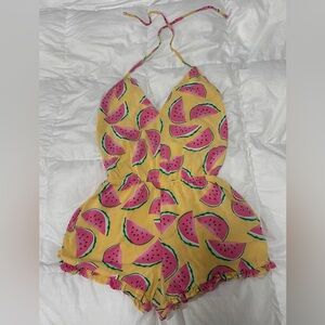 Woman -Yellow Watermelon-Print Halter Romper with pockets 🍉🤩